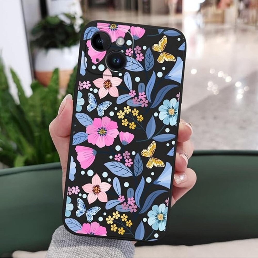 Black and Pink Floral iPhone 13 Pro Max Case with Butterfly Accents